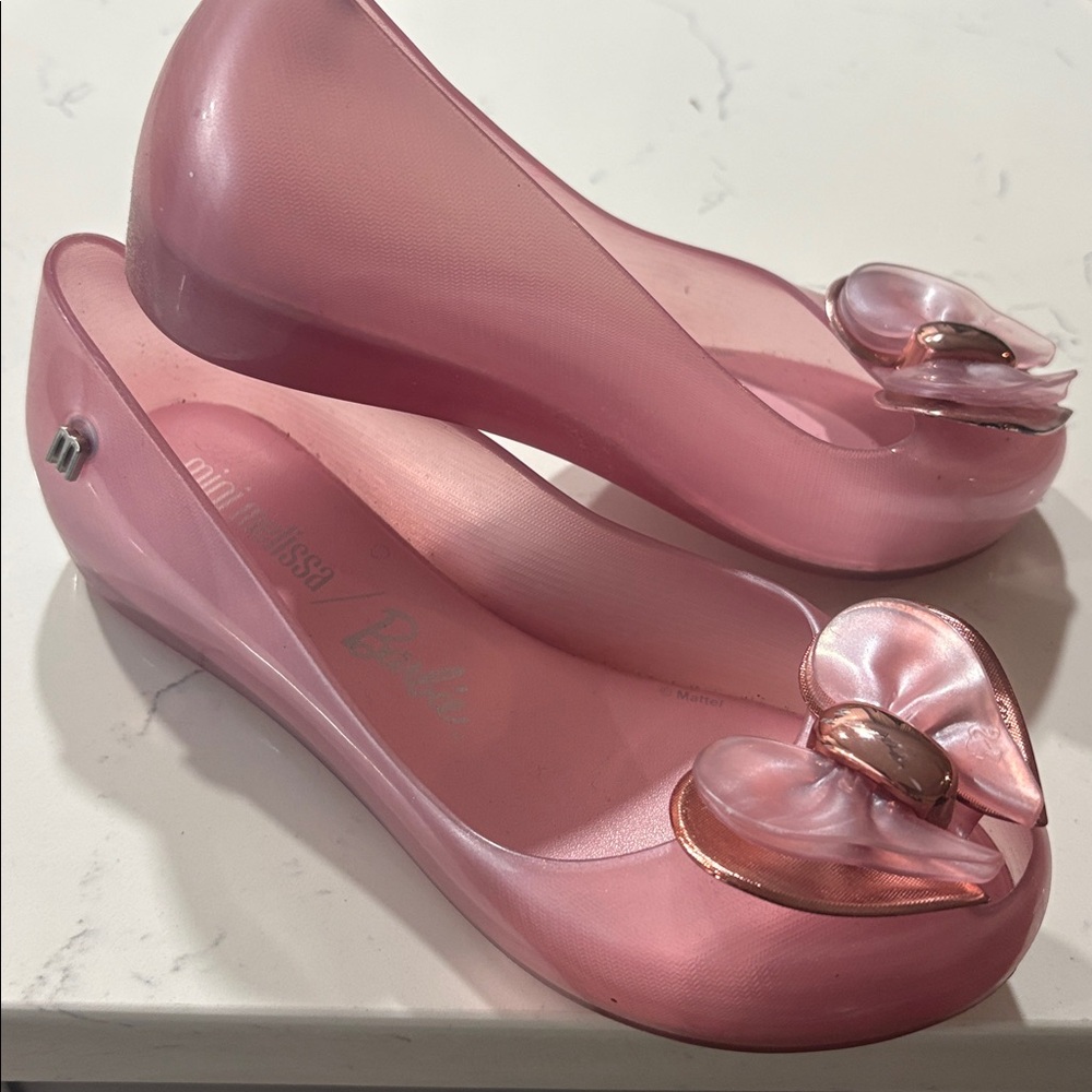Melissa - BARBIE edition Metallic Pink Heart Bow Flats for GIRLS